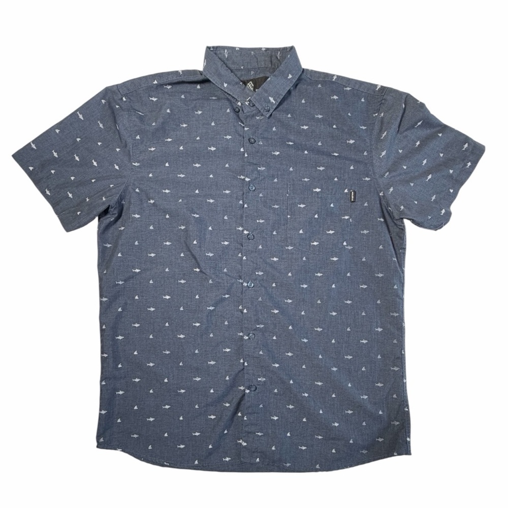 Molokai Surf Co Shirt Men's Button Up Short Sleeve Shark Print Blue Size XL